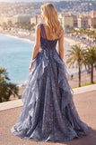 V-Neck Starry Dusty Blue Ruffled Prom Dress