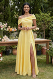 One shoulder Yellow A Line Wedding Guest Dress with Slit