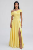 One shoulder Yellow A Line Wedding Guest Dress with Slit