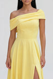 One shoulder Yellow A Line Wedding Guest Dress with Slit