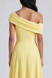 One shoulder Yellow A Line Wedding Guest Dress with Slit