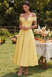Off The Shoulder Yellow Ruched A Line Midi Wedding Guest Dress