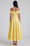 Off The Shoulder Yellow Ruched A Line Midi Wedding Guest Dress