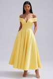 Off The Shoulder Yellow Ruched A Line Midi Wedding Guest Dress