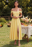 Yellow A Line Off The Shoulder Corset Wedding Guest Dress with Slit