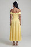 Yellow A Line Off The Shoulder Corset Wedding Guest Dress with Slit
