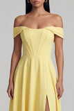Yellow A Line Off The Shoulder Corset Wedding Guest Dress with Slit