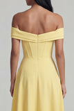 Yellow A Line Off The Shoulder Corset Wedding Guest Dress with Slit