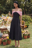 Black Ruched A Line Off The Shoulder Midi Wedding Guest Dress