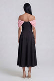 Black Ruched A Line Off The Shoulder Midi Wedding Guest Dress