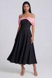 Black Ruched A Line Off The Shoulder Midi Wedding Guest Dress
