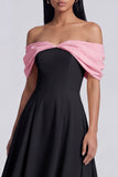 Black Ruched A Line Off The Shoulder Midi Wedding Guest Dress