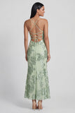 Sage Green Mermaid Floral Wedding Guest Dress with Lace-up Back