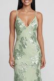 Sage Green Mermaid Floral Wedding Guest Dress with Lace-up Back