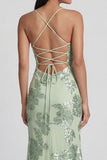 Sage Green Mermaid Floral Wedding Guest Dress with Lace-up Back