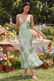Sage Green Mermaid Floral Wedding Guest Dress with Lace-up Back