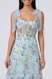 Blue Flower Corset A Line Wedding Guest Dress