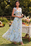 Blue Flower Corset A Line Wedding Guest Dress