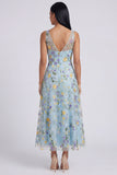 Floral A Line V-Neck Blue Wedding Guest Dress