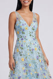 Floral A Line V-Neck Blue Wedding Guest Dress
