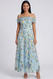 Off the Shoulder Blue A Line Floral Wedding Guest Dress