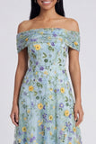 Off the Shoulder Blue A Line Floral Wedding Guest Dress
