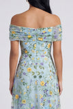 Off the Shoulder Blue A Line Floral Wedding Guest Dress