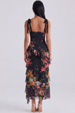 Black Ruffled Floral Corset Midi Wedding Guest Dress