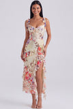 Black Ruffled Floral Corset Midi Wedding Guest Dress