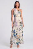 One Shoulder Ivory Floral Wedding Guest Dress