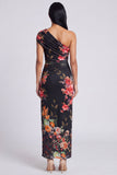 Black One Shoulder Sheath Floral Wedding Guest Dress with Slit