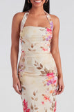 Champagne Halter Floral Wedding Guest Dress
