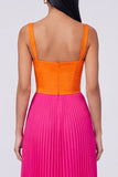 Orange and Fuchsia Pleated Colour-Block Formal Dress