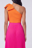 One Shoulder Orange and Fuchsia Formal Dress with Bow