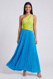 Green and Blue One Shoulder Colour-Block Pleated Formal Dress