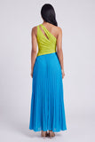 Green and Blue One Shoulder Colour-Block Pleated Formal Dress