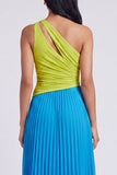 Green and Blue One Shoulder Colour-Block Pleated Formal Dress