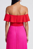Off the Shoulder Pleated Fuchsia and Red Formal Dress