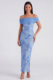 Blue Off the Shoulder Mermaid Floral Wedding Guest Dress