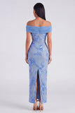 Blue Off the Shoulder Mermaid Floral Wedding Guest Dress