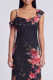Champagne Asymmetrical Neck Floral Wedding Guest Dress