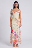 Champagne Asymmetrical Neck Floral Wedding Guest Dress