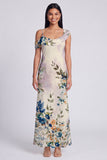 Champagne Asymmetrical Neck Floral Wedding Guest Dress