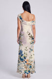 Champagne Asymmetrical Neck Floral Wedding Guest Dress