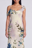 Champagne Asymmetrical Neck Floral Wedding Guest Dress