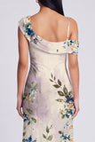 Champagne Asymmetrical Neck Floral Wedding Guest Dress