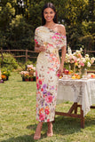 One Shoulder Sheath Ivory Floral Wedding Guest Dress