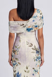 One Shoulder Sheath Ivory Floral Wedding Guest Dress