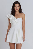 One Shoulder Ruffled Ivory Ruched A line Graduation Dress