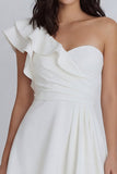 One Shoulder Ruffled Ivory Ruched A line Graduation Dress